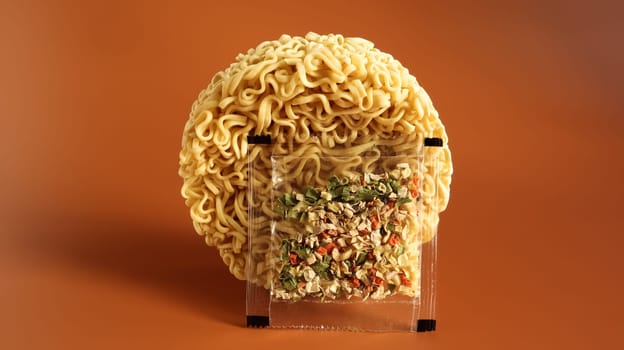 circle of instant noodles with raw spices on a plain brown background. Sprinkle dry Chinese or Korean vermicelli with salt and spices before pouring boiling water. pasta and flavors included.