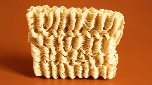 Instant noodles asian ramen. Dry yellow raw food noodles. pasta, for the preparation of which it is enough to pour boiling water and wait a few minutes. Copy space korean and japanese vermicelli