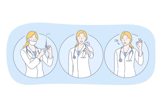 Healthcare, doctor showing signs, medicine concept. Young woman doctor in uniform cartoon character holding syringe and expressing good sign and right choice in vaccination with hands