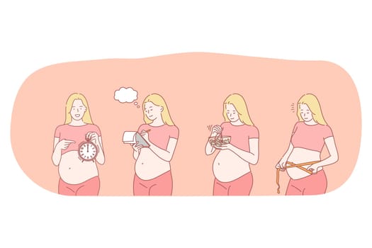 Pregnancy, motherhood, expecting for childbirth and baby concept. Young happy pregnant woman cartoon characters measuring belly, eating healthy food and counting days before birth giving day