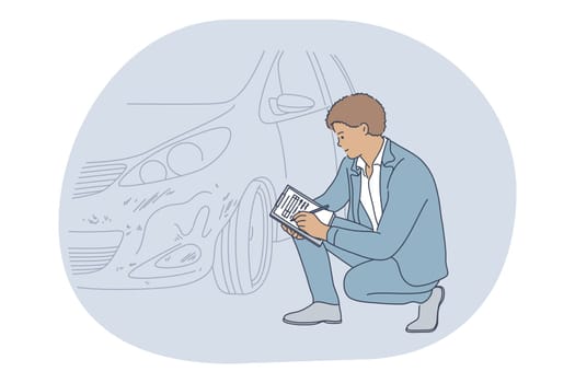 Professions, job, career in insurance company concept. Young man professional insurance appraiser in suit sitting writing information about car accident. Job specialist, working sphere illustration