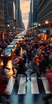 A lot of people walk along the pedestrian crossing during rush hour. High quality photo