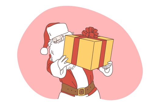 Christmas present, Santa, celebration of New Year and winter holidays concept. Smiling man cartoon character in Santa costume carrying decorated box with holiday present in hands illustration