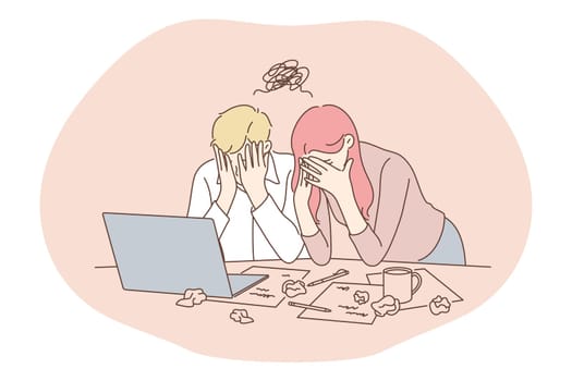 Stress, overwork, overload concept. Unhappy depressed stressed young office workers touching faces wasting time and feeling stressed and depressed with failure in office. Exhaustion, depression