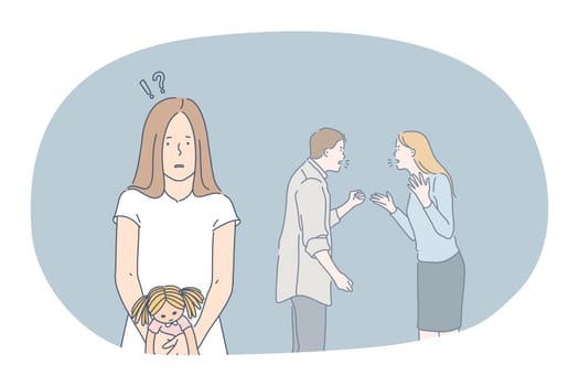 Scandal, fight, quarrelling concept. Young unhappy girl daughter standing feeling lost with shouting at each other parents at home at background. Having problems with mutual understanding