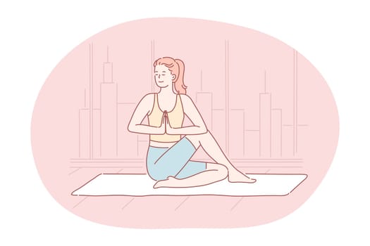 Yoga, meditation, healthy active sport lifestyle concept. Young smiling woman in sportswear sitting in asana on fitness mat, practicing yoga, relaxing and meditating. Fitness, relax, harmony, peace