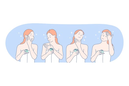 Cosmetics, make up, beauty concept. Young smiling woman cartoon character in towel applying facial cream on face, cheeks, neck and forehead before going to bed or in morning. Skincare treatment
