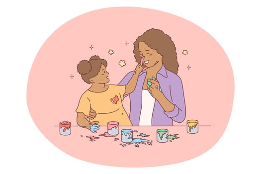 Mother and daughter, motherhood, activities with children concept. Young black woman mother cartoon character painting and drawing with colors together with small daughter at home vector illustration