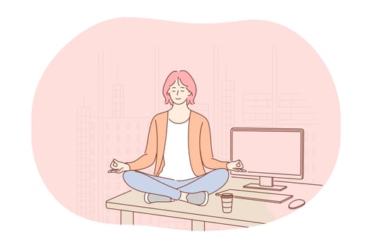 Yoga, meditation, healthy active lifestyle concept. Young smiling woman worker sitting in lotus position on table in office, practicing yoga, relaxing and meditating on workplace with eyes closed