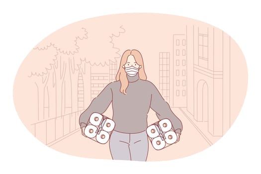 Contactless delivery, courier, online order concept. Young woman in protective medical mask carrying toilet paper in hands after picking online order. Parcel, logistics during pandemic illustration