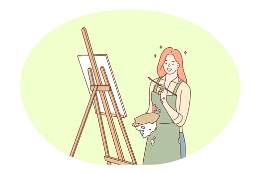 Artwork, creative professions, occupation concept. Young smiling woman professional painter artist drawing and making artwork for sale in studio. Job specialist, working sphere illustration