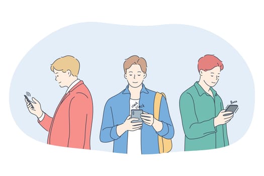 Smartphone, online communication, chatting concept. Young men standing with smartphones, chatting, searching information in internet, calling and communicating online vector illustration