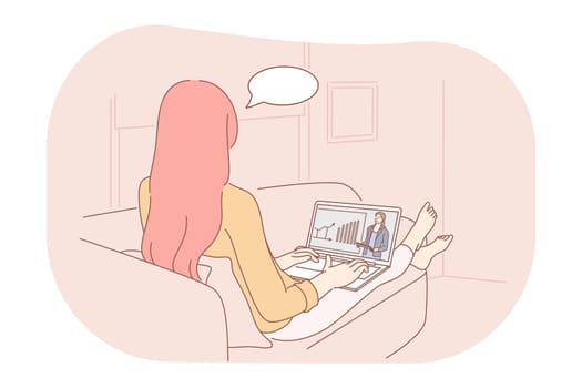 E-learning, Online communication, video call concept. Young woman cartoon character sitting at home with laptop and watching online lesson on marketing or communicating with colleague
