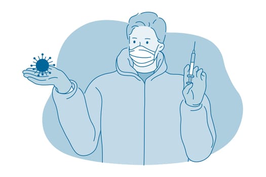 Vaccination, Danger of coronavirus infection epidemic, protective facial mask concept. Young man in medical protective mask standing with syringe with vaccine and holding COVID-19 bacteria in hands