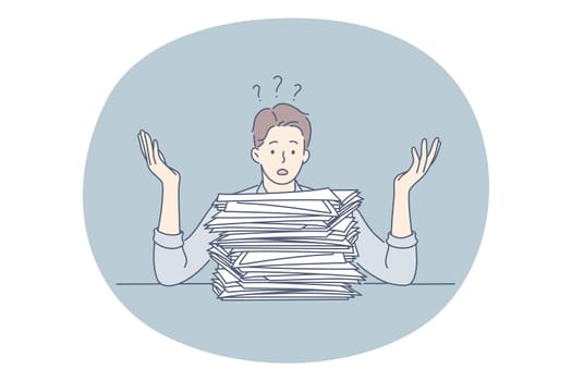 Burnout, overload, overwork concept. Unhappy depressed man office worker sitting with heap of documents and much work and feeling stressed and tired in office vector illustration