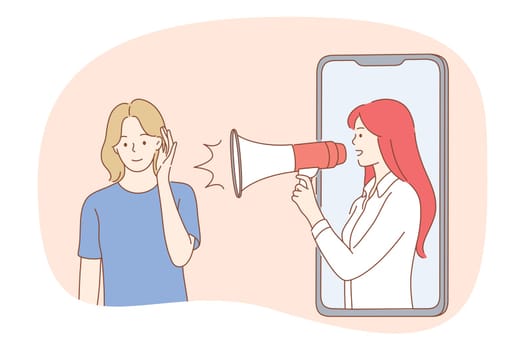 Promotion, campaign, announcement concept. Young smiling woman cartoon character listening to advertisement news made by woman with megaphone from smartphone screen online vector illustration