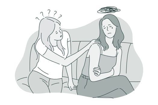 Sadness, grief, mental depression concept. Young unhappy crying woman thinking about bad news suffering from depressed state of mind and getting support from friend illustration