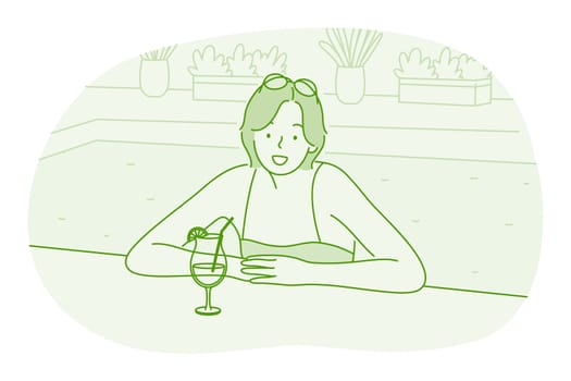 Vacations, holidays, traveling concept. Young smiling woman cartoon character relaxing in swimming pool with cocktail during vacations in summer in hotel vector illustration