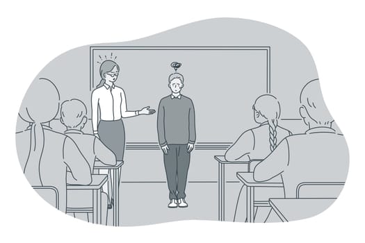 Studying in school, introducing, pupil and teacher concept. Teacher introducing new stressed frustrated boy pupil to classmates in classroom at school illustration