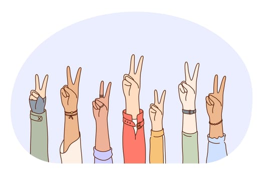 Gesture language, peace ok hand sign concept. Hands of mixed race people showing peace luck positive ok sign with fingers. Teamwork, mutual support, unity, friendship illustration
