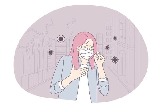 Danger or coronavirus infection epidemic, protective facial mask, pandemic concept. Young woman in medical protective mask coughing and feeling fever in corona bacteria flowing around illustration