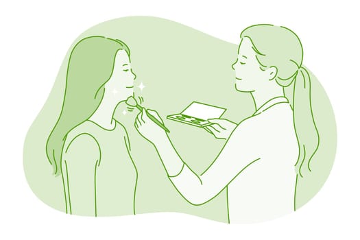 Make up, Beauty, cosmetics concept. Young smiling woman stylist make up artist cartoon character using special brush for applying face powder for female face illustration. Dermatology, cosmetology