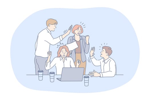 Success, teamwork , business development concept. Happy young business people partners sitting in office with laptop and celebrating success in project with handshaking and positive emotions in team