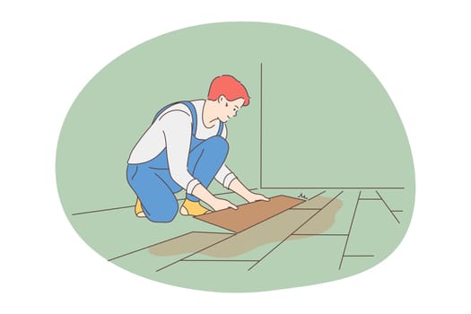 Manual worker, professions for man, job concept. Young smiling man professional worker cartoon character in uniform making new flooring for customers apartment indoors. Job, specialist, working sphere