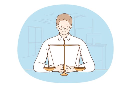 Priorities, measurement, making choice concept. Young businessman sitting at desk with scales and trying to reach balance and find solution vector illustration