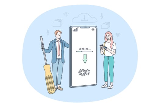 Downloading, installation, technology concept. Young business people man and woman standing near big smartphone screen with updating version or downloading information application