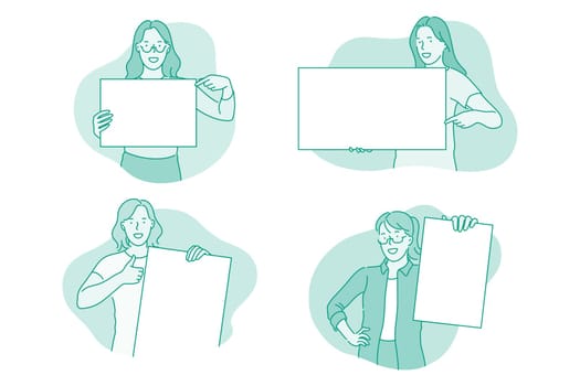Demonstration, promotion, advertisement concept. Young smiling girls cartoon characters standing and holding white blanks placards with copy space for text vector illustration