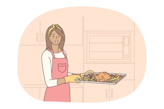 Cooking, baking, recipe concept. Young smiling woman in apron and gloves carrying tray with roasted chicken in vegetables in kitchen for dinner. Gourmet food, homemade dish, healthy diet illustration