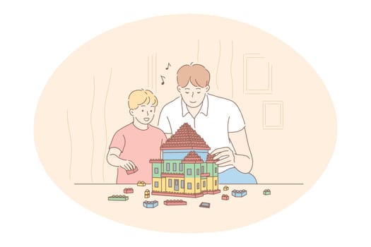 Father, Fathers day, activities with children concept. Young positive man father building decorative house from details together with his little smiling son at home vector illustration
