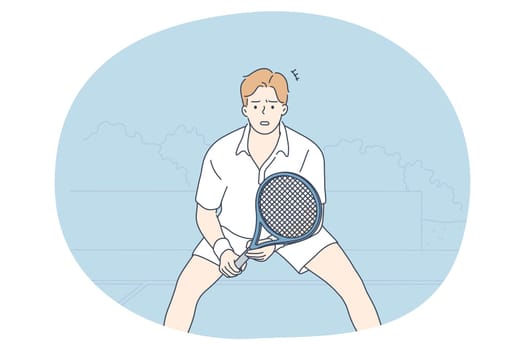 Professional sport, workout, training concept. Young man athlete standing and playing tennis outdoors in summer. Active lifestyle, fitness, bodycare, wellness