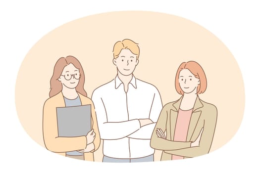 Cooperation, Teamwork, business partnership concept. Young business people office workers partners cartoon characters standing with documents as team for common project illustration