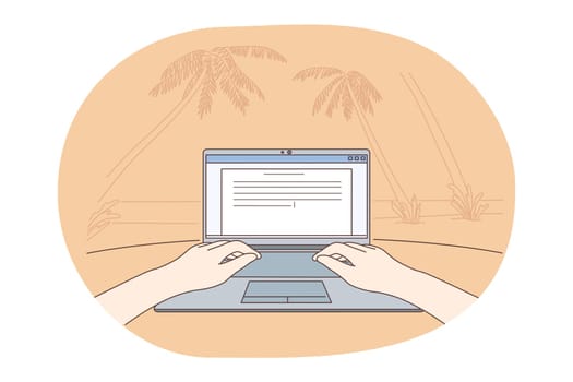 Freelance job, Distant working, online communication concept. Hands of freelancer copywriter working with texts on laptop with palms and summer nature on background illustration