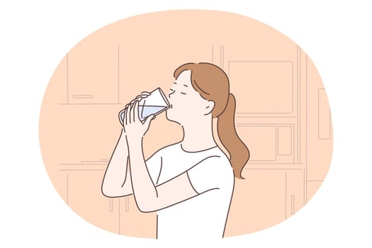 Drinking pure water, liquid, health concept. Young women cartoon characters drinking clear still water from glass at home. Detox, diet, refreshment vector illustration