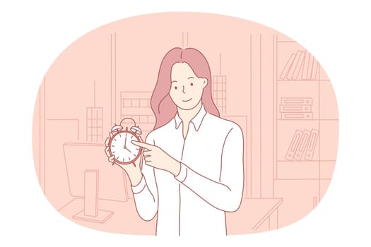 Time management, deadline, punctuality concept. Young smiling woman office worker standing and pointing on alarm clock meaning punctuality and being on time on work vector illustration