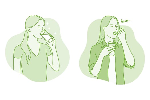 Heathy eating and drinking concept. Young positive woman cartoon character drinking pure water and eating balanced meal living healthy lifestyle and enjoying time vector illustration