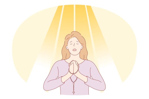 Praying, Grief, Depression concept. Young unhappy female cartoon character standing with hands crossed in praying and talking to god about her grief feeling depressed vector illustration