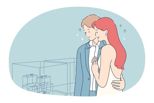 Engagement ring, proposal, marriage concept. Young happy couple on love bride and groom standing hugging and choosing engagement rings in jewellery store together vector illustration