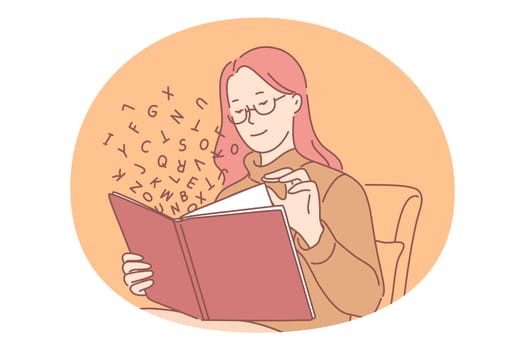 Reading book concept. Young smiling girl pupil student sitting and enjoying reading interesting book story alone with letters symbols flying around vector illustration. Education hobby library drawing