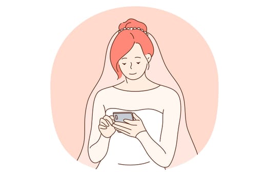 Smartphone, online communication, chatting concept. Young girl bride wife standing with smartphone in hands, chatting, searching information in internet, calling or getting congratulation online