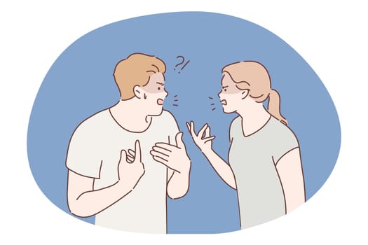 Family, quarrel, divorce, aggression, conflict concept. Angry aggressive couple man boyfriend woman girlfriend yelling and shouting together. Furious dispute discussion or disagreement illustration