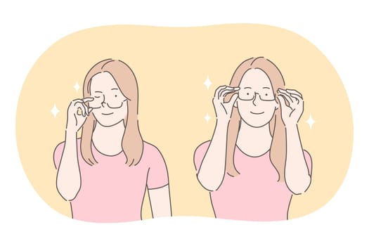 Eyeglasses, glasses as stylish casual accessory for women concept. Young smiling woman cartoon character in t-shirt enjoying wearing sunglasses for eyesight correction vector illustration