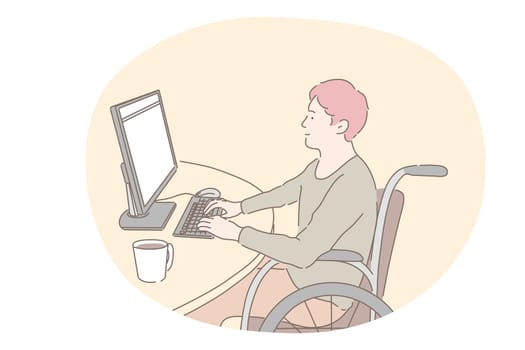 Disabled people on wheelchair living happy active lifestyle concept. Young happy disabled boy cartoon character in wheelchair sitting and working on laptop from home or in office vector illustration