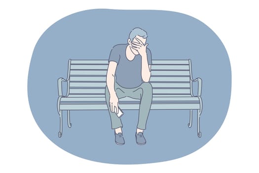 Sadness, stress, loneliness, mental depression, grief, breaking up, quarrel concept. Young man cartoon character sitting on bench covering face with hands and suffering from deep depression or grief