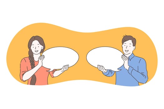 Communication, connection, chat concept. Young smiling woman and man cartoon characters holding white speech message chat bubble signs in hands. Online communication, message, reply, conversation