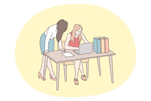 Coworking, business, partnership, discussion concept. Young women business partners coworkers cartoon characters discussing strategy working near laptop with corporate task together in office