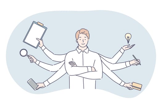 Multitasking, business efficiency, management concept. Effective executive overload businessman professional clerk competent manager leader character workaholic standing with many hands illustration.